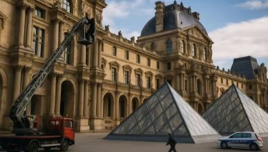 Ilustrasi aksi pencuri yang masuk ke Museum Louvre dengan crane (Chat GPT)