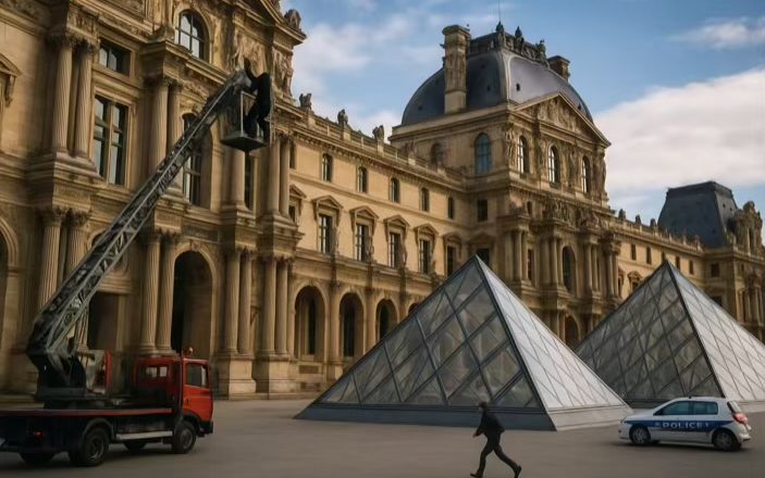 Ilustrasi aksi pencuri yang masuk ke Museum Louvre dengan crane (Chat GPT)